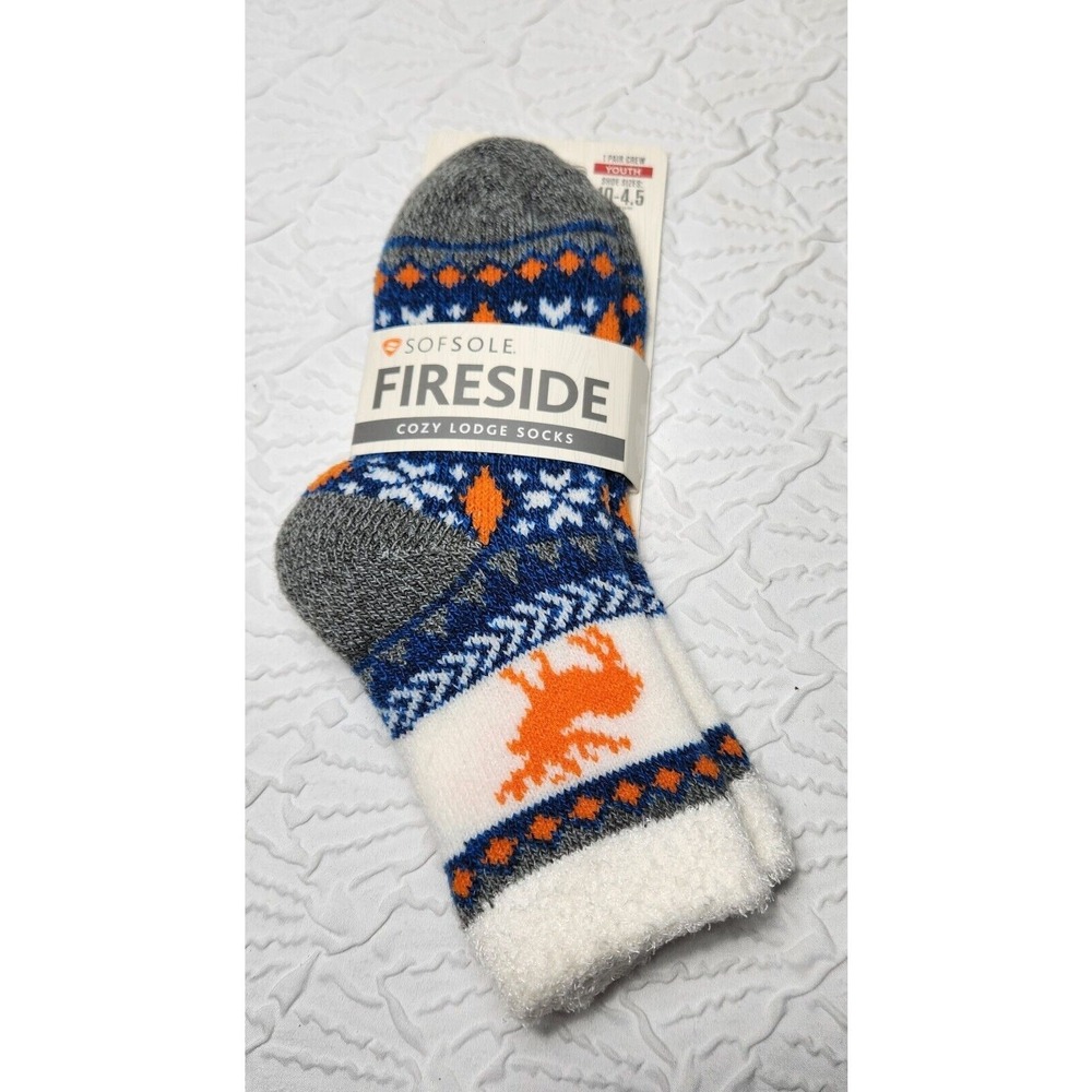 Fireside Sofsole Cozy Lodge Crew Sock Multicolor Moose Youth Size 10-4.5 NEW